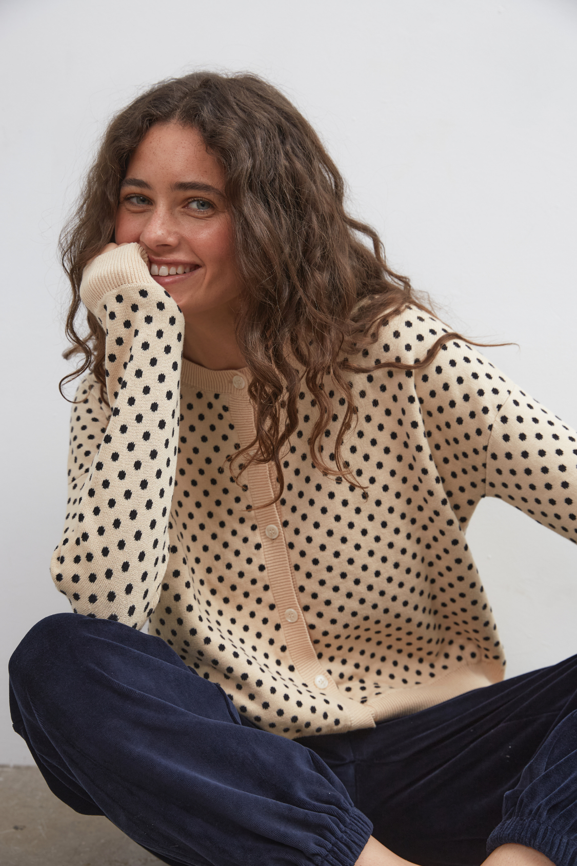 Dawn Cotton Cardigan - Beige Polka Dot