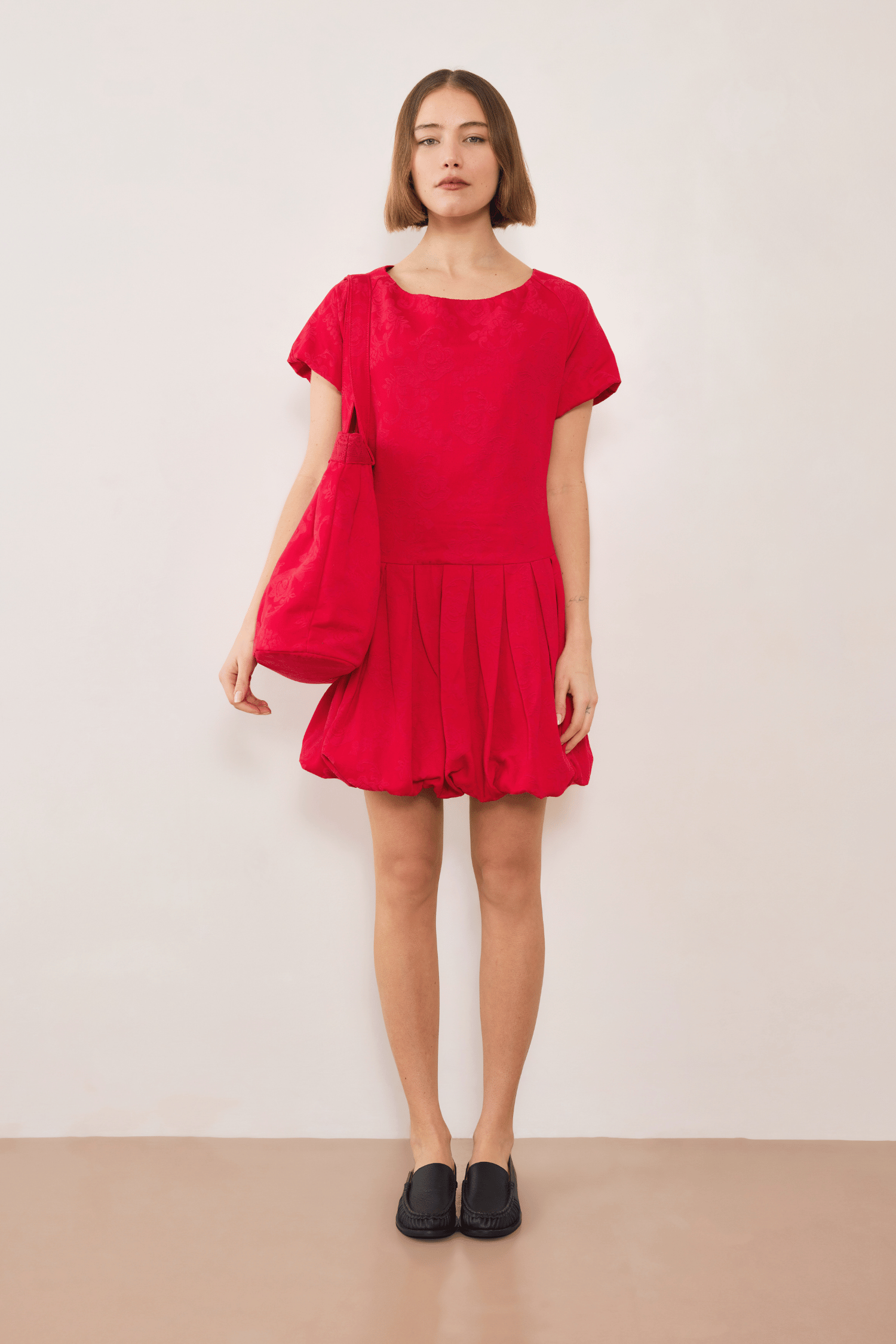 Esme Jacquard Puff Dress - Red