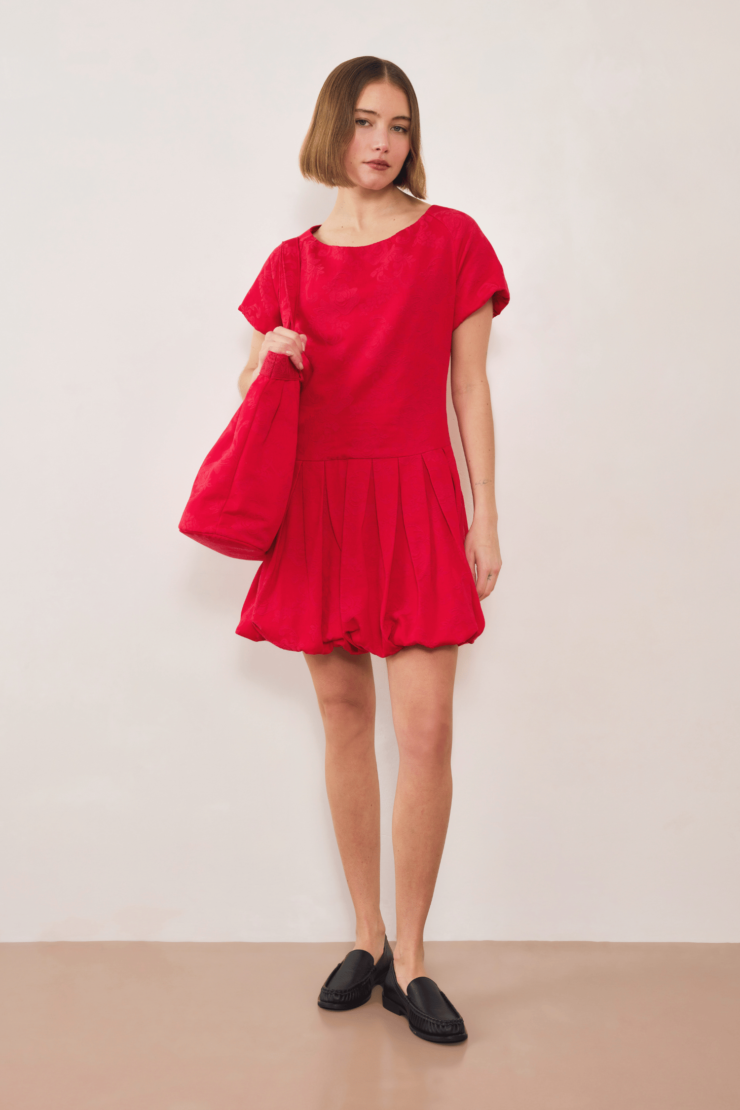 Esme Jacquard Puff Dress - Red