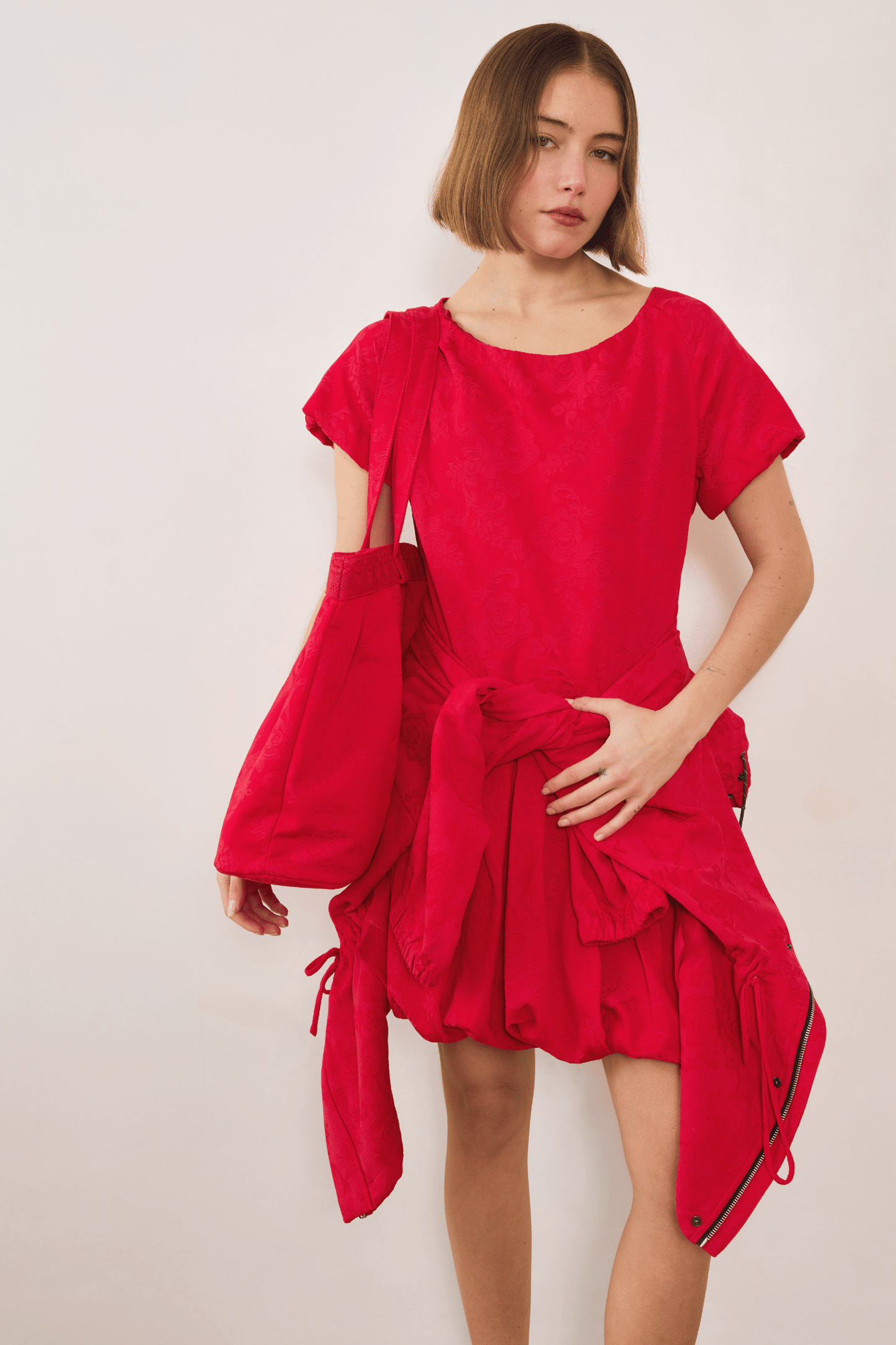 Esme Jacquard Puff Dress - Red