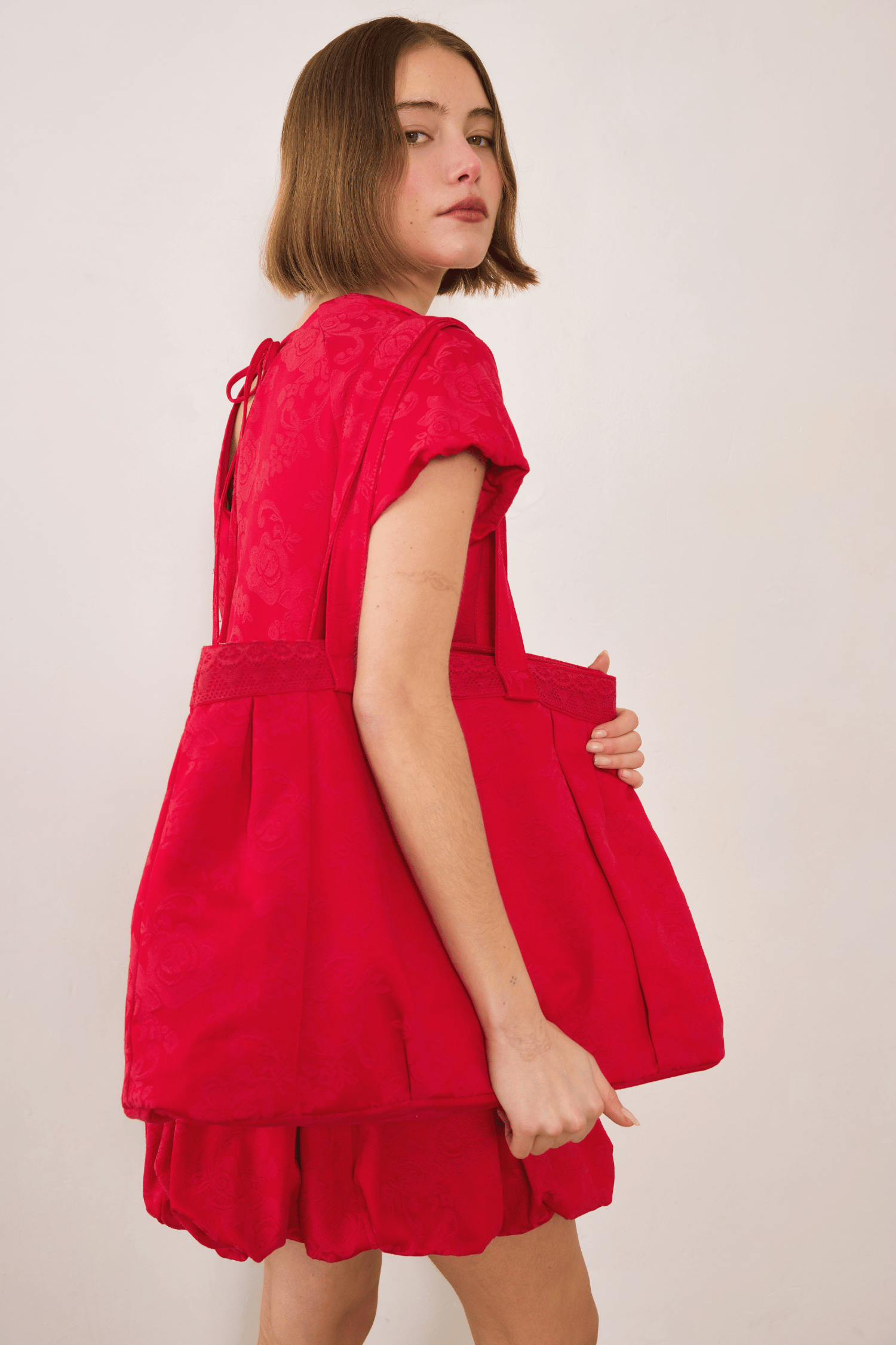 Esme Jacquard Puff Dress - Red