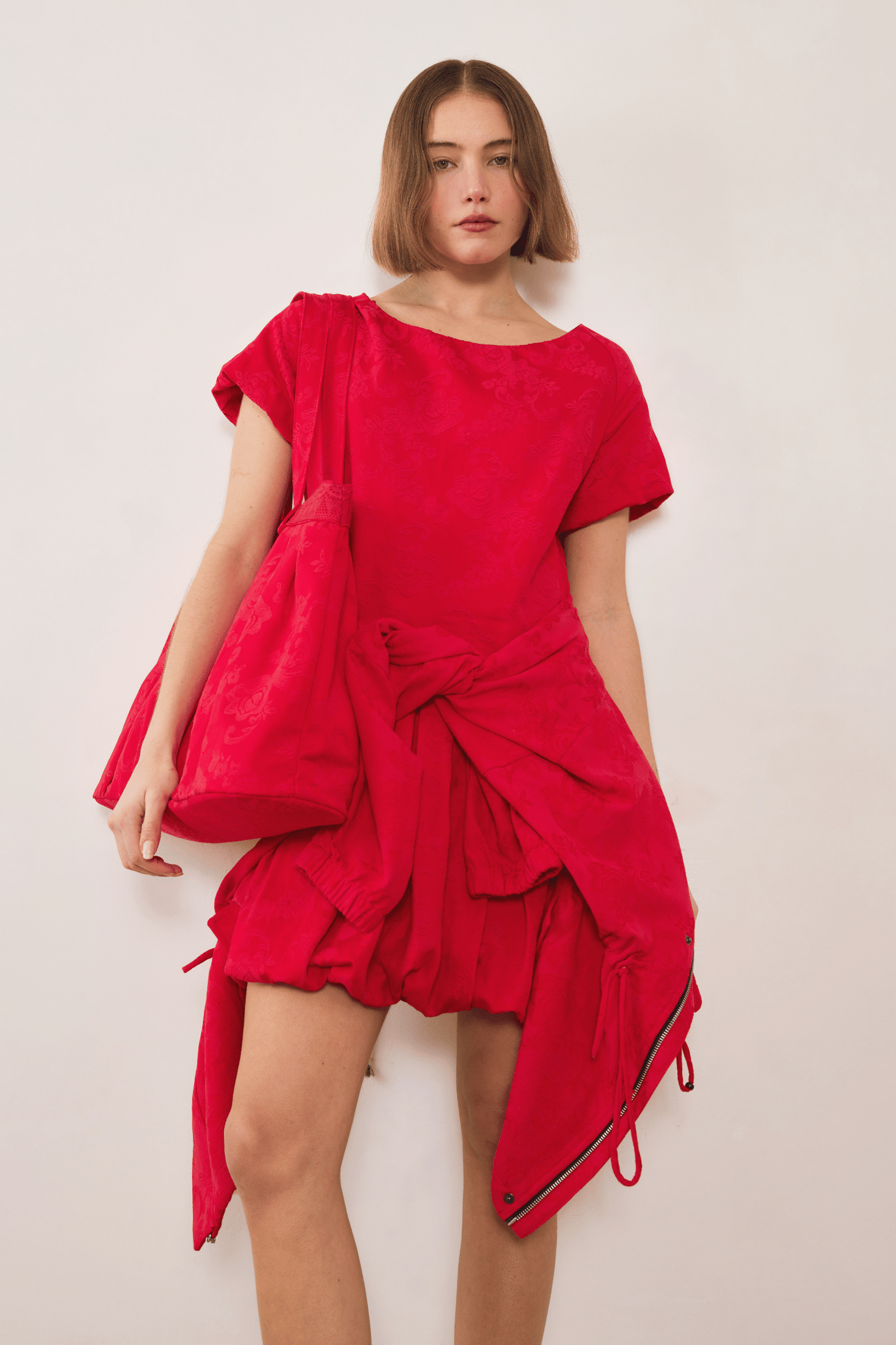 Esme Jacquard Puff Dress - Red