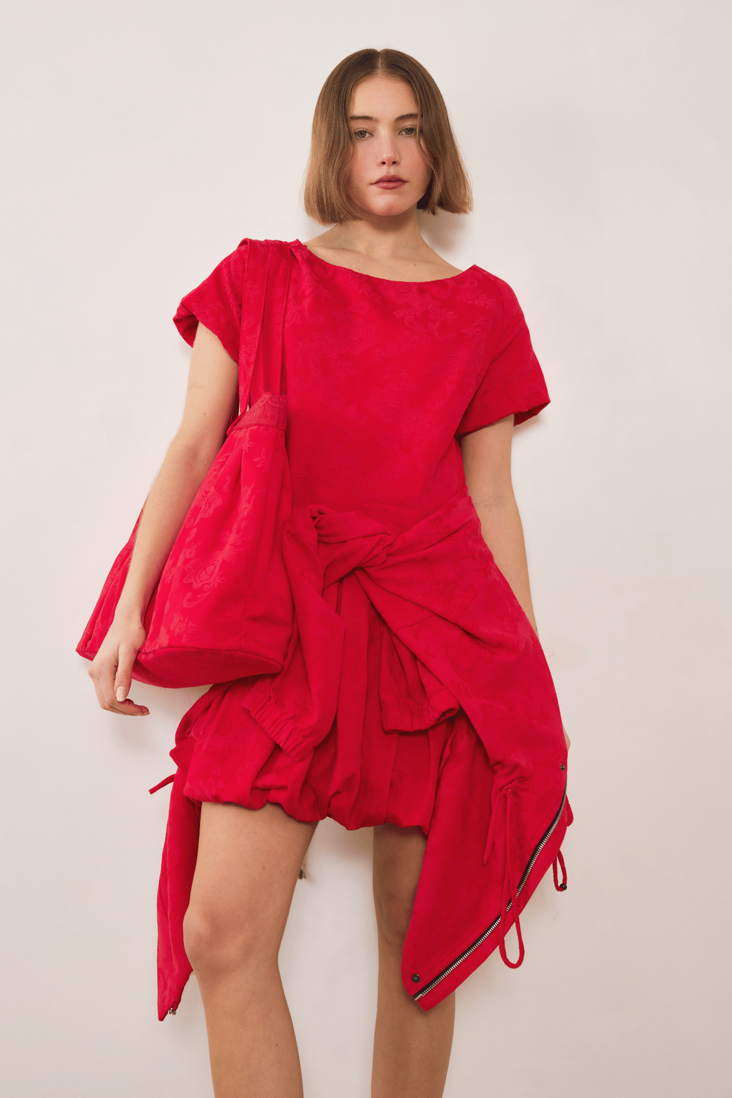 Esme Jacquard Puff Dress - Red