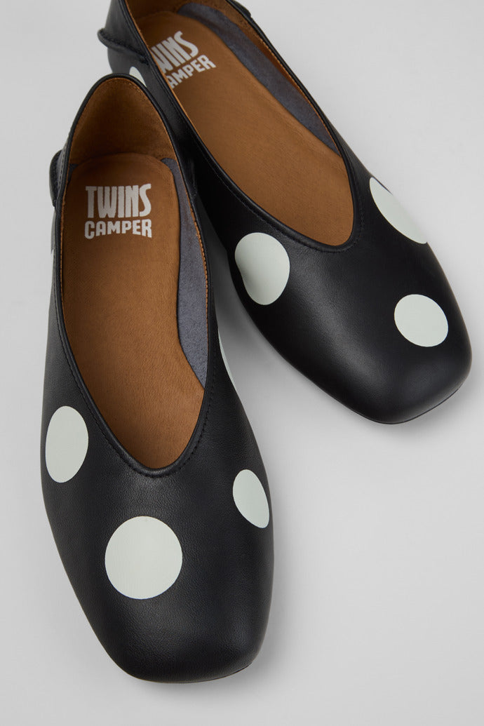 Twins Black and White Leather Ballerinas for Women - close-up view